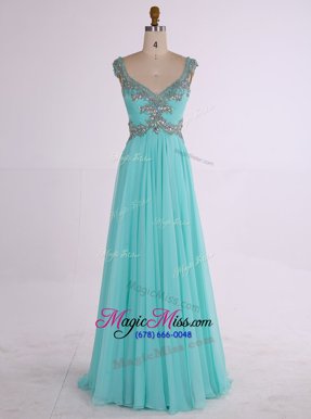 Most Popular Aqua Blue V-neck Zipper Beading Prom Evening Gown Sleeveless