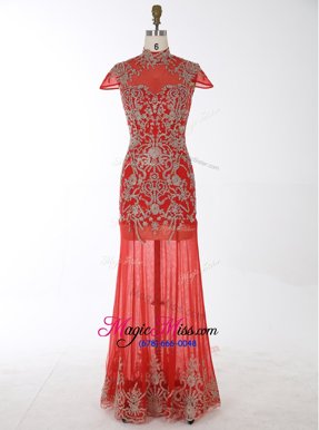 Hot Sale Mermaid Red High-neck Backless Beading and Appliques Celebrity Style Dress Cap Sleeves