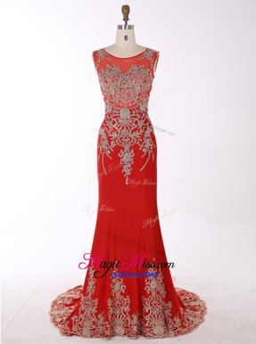 New Style Mermaid Chiffon Scoop Sleeveless Brush Train Zipper Beading and Appliques Prom Evening Gown in Red