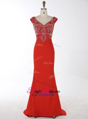 Traditional Mermaid With Train Red Red Carpet Gowns V-neck Sleeveless Brush Train Zipper