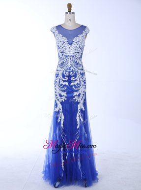Fashion Mermaid Scoop Backless Royal Blue Sleeveless Beading and Appliques Floor Length Evening Dress