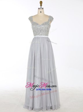 Fine Grey A-line Beading and Appliques Prom Dresses Zipper Chiffon Sleeveless Floor Length
