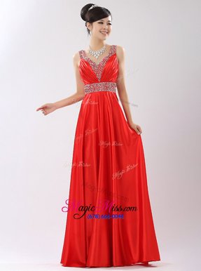 Traditional Red Satin Zipper V-neck Sleeveless Floor Length Prom Evening Gown Beading