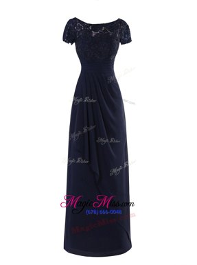 Latest Scoop Short Sleeves Zipper Dress for Prom Navy Blue Chiffon