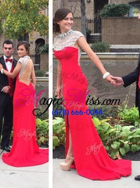 Backless Red Evening Party Dresses Chiffon Court Train Cap Sleeves Beading