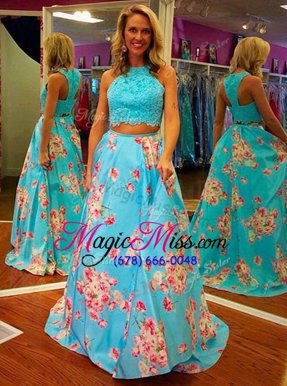 Simple Halter Top Blue A-line Beading and Appliques and Pattern Pageant Dress for Girls Zipper Satin Sleeveless Floor Length