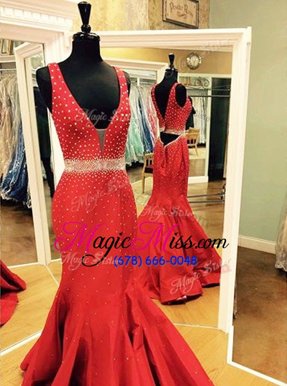 Suitable Red Mermaid Satin V-neck Sleeveless Beading Zipper Formal Evening Gowns Sweep Train
