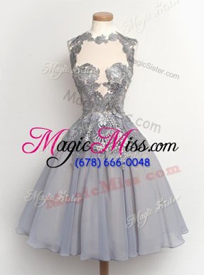Exquisite Scalloped Cap Sleeves Chiffon Knee Length Zipper Prom Party Dress in Grey for with Appliques