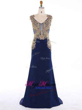 Lovely Mermaid Sleeveless Chiffon Sweep Train Zipper Prom Dresses in Navy Blue for with Appliques