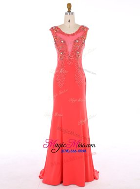 Fashionable Orange Red Mermaid Scoop Sleeveless Chiffon Brush Train Zipper Beading Prom Party Dress