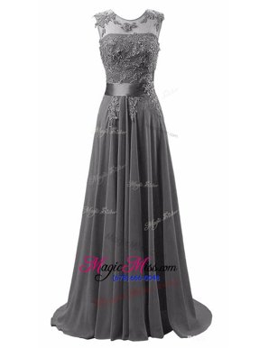 Admirable Scoop Lace Up Prom Evening Gown Grey and In for Prom and Wedding Party with Beading and Appliques Brush Train