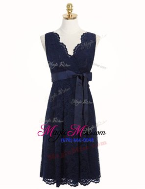 Romantic Navy Blue Lace Zipper V-neck Sleeveless Knee Length Mother Of The Bride Dress Sashes|ribbons and Bowknot