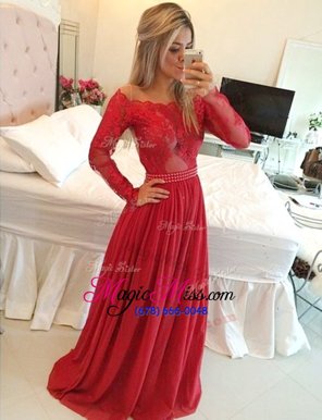 Red A-line Off The Shoulder Long Sleeves Chiffon Floor Length Zipper Appliques Hoco Dress
