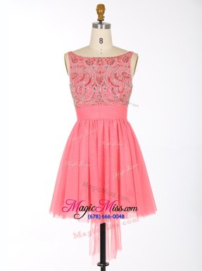 Exceptional Scoop Coral Red A-line Beading and Sashes|ribbons Dress for Prom Backless Chiffon Sleeveless Mini Length