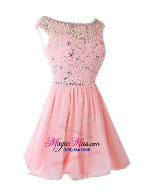 Smart Sleeveless Chiffon Knee Length Zipper Prom Evening Gown in Pink for with Sashes|ribbons