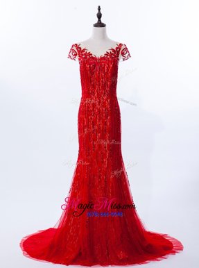 Flare Mermaid Lace Scoop Cap Sleeves Brush Train Zipper Beading and Appliques Prom Dresses in Red