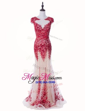 Clearance Red Mermaid Tulle Scoop Cap Sleeves Appliques Backless Dress for Prom Brush Train
