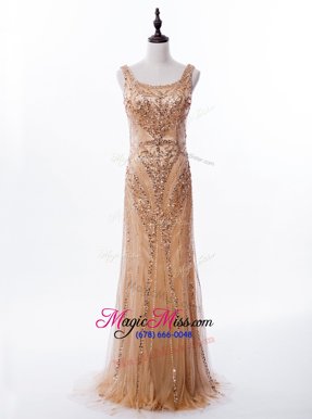 Most Popular Square Sequins Mermaid Sleeveless Champagne Prom Evening Gown Brush Train Zipper
