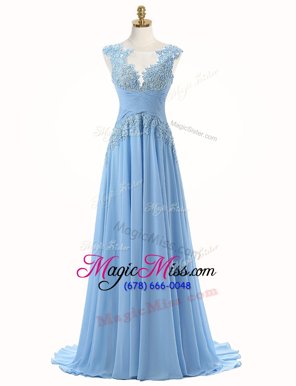 Nice Brush Train A-line Prom Party Dress Light Blue Scoop Chiffon Sleeveless With Train Zipper