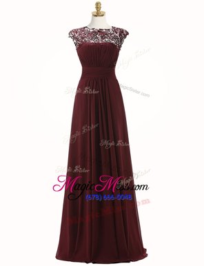 Free and Easy Scoop Floor Length Zipper Celebrity Inspired Dress Burgundy and In for Prom and Party with Appliques