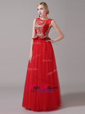 Sophisticated Scoop Sleeveless Tulle Floor Length Zipper Mother Of The Bride Dress in Red for with Appliques