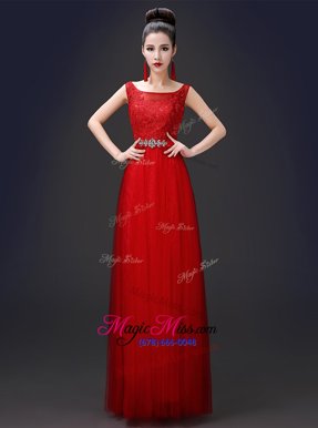 Captivating Scoop Floor Length Red Dress for Prom Tulle Sleeveless Appliques