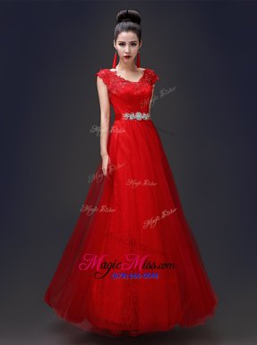 Red Scoop Lace Up Beading and Appliques Sleeveless