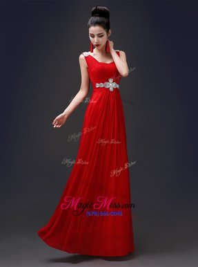 Wonderful Red Chiffon Zipper Square Sleeveless Floor Length Prom Dresses Beading