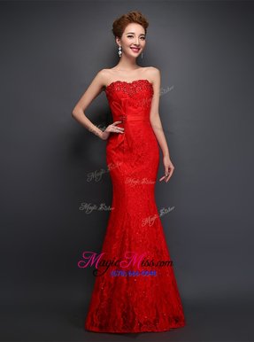 Traditional Mermaid Red Lace Lace Up Sweetheart Sleeveless Floor Length Evening Dress Beading and Bowknot