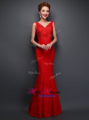 Low Price Mermaid V-neck Sleeveless Juniors Evening Dress Floor Length Beading and Appliques Red Lace