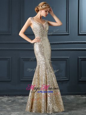 Affordable Champagne Mermaid V-neck Sleeveless Sequined Floor Length Zipper Sequins Prom Party Dress