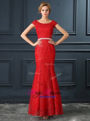 Enchanting Mermaid Red Prom and Party and For with Beading Scoop Cap Sleeves Lace Up