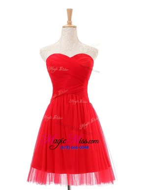 Captivating Red A-line Sweetheart Sleeveless Tulle Knee Length Zipper Ruching Prom Party Dress