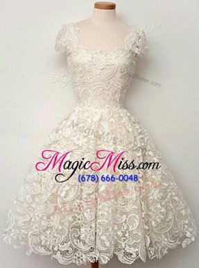 Delicate White Lace Zipper Scoop Cap Sleeves Knee Length Hoco Dress Lace