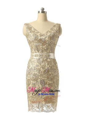 Customized Champagne Zipper V-neck Beading and Lace Prom Dress Lace Sleeveless