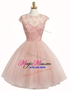 Chic Pink Zipper Scoop Appliques Party Dresses Tulle Cap Sleeves