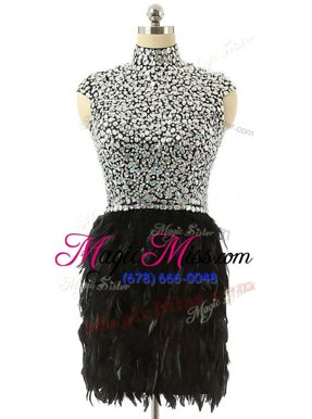 Free and Easy Beading Prom Evening Gown Black Zipper Cap Sleeves Knee Length