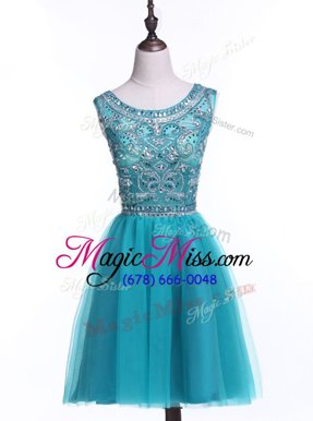 High Quality Scoop Turquoise Sleeveless Beading and Sequins Mini Length Prom Evening Gown