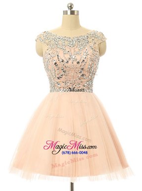 Modest Scoop Knee Length Peach Dress for Prom Tulle Sleeveless Beading and Sequins