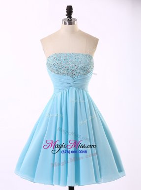 Dramatic Blue Prom Gown Prom and For with Beading and Sequins and Ruching Strapless Sleeveless Zipper