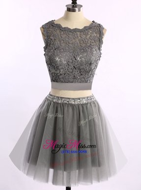 High Quality Scoop Organza Sleeveless Mini Length Prom Evening Gown and Lace