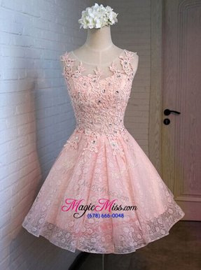 Great Pink Prom Evening Gown Prom and For with Appliques Scoop Sleeveless Lace Up