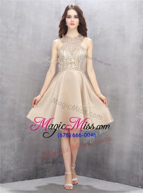 Latest Champagne Sleeveless Knee Length Beading Criss Cross Prom Gown
