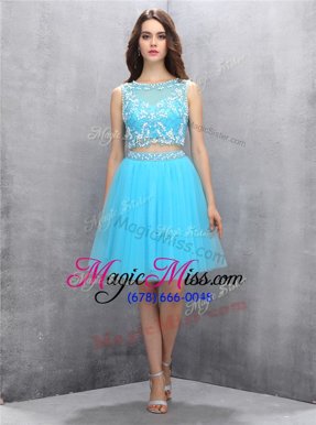 Excellent Blue Scoop Backless Beading Dress for Prom Sleeveless