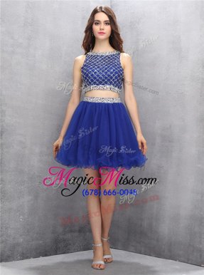 Wonderful Royal Blue Organza Side Zipper Scoop Sleeveless Mini Length Evening Dress Beading