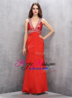 Enchanting Floor Length Criss Cross Formal Dresses Red and In for Prom with Beading