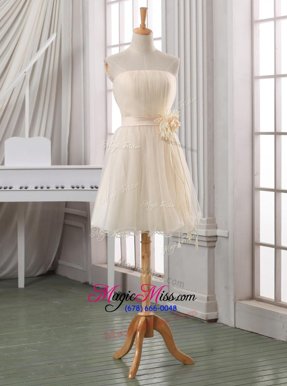 Hot Sale White and Champagne Tulle Zipper Strapless Sleeveless Knee Length Belt and Hand Made Flower