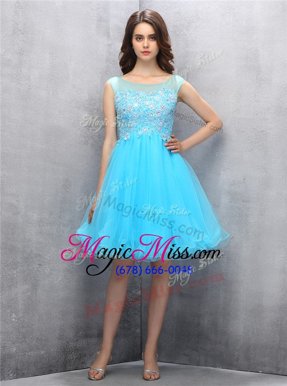 Decent Scoop Sleeveless Evening Dress Knee Length Beading and Appliques Blue Tulle
