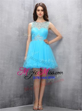 Inexpensive Scoop Blue Sleeveless Beading Mini Length Homecoming Dress