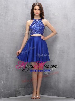 Inexpensive Mini Length Royal Blue Homecoming Dress Halter Top Sleeveless Zipper